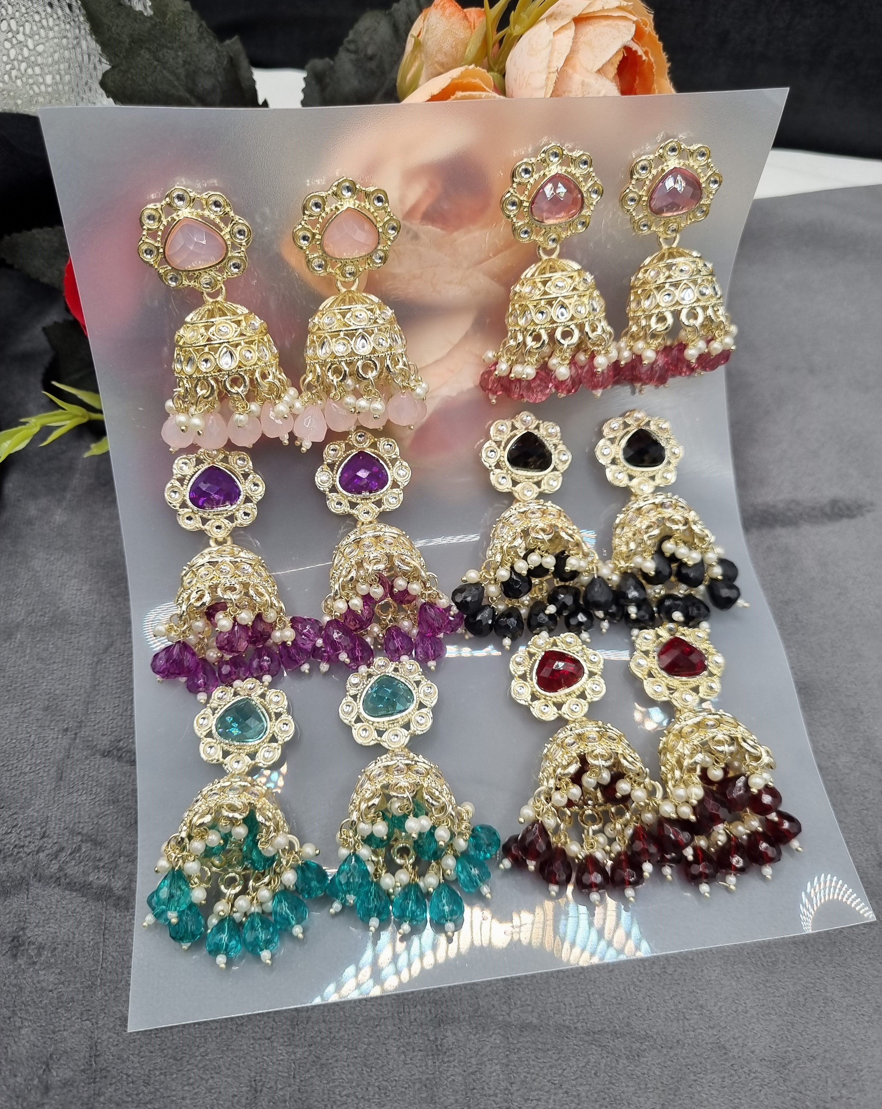 TIERED STONE-STUDDED JHUMKA STATEMENT EARRINGS